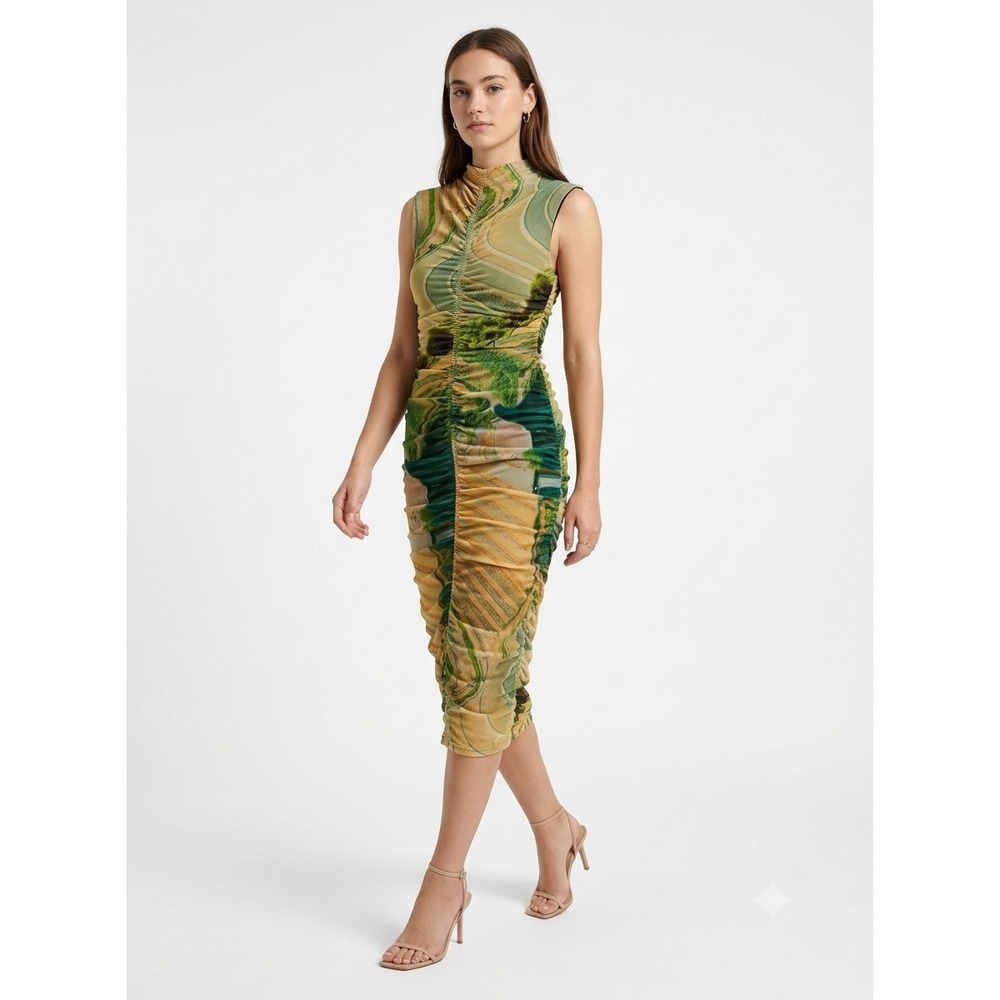 Zara Tulle Dress Womens S Green Yellow Mesh Ruched Landscape Print Sleeveless